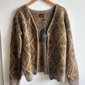 RARE Needles mohair geometric pattern Brown and Yellow Cardigan Sweater